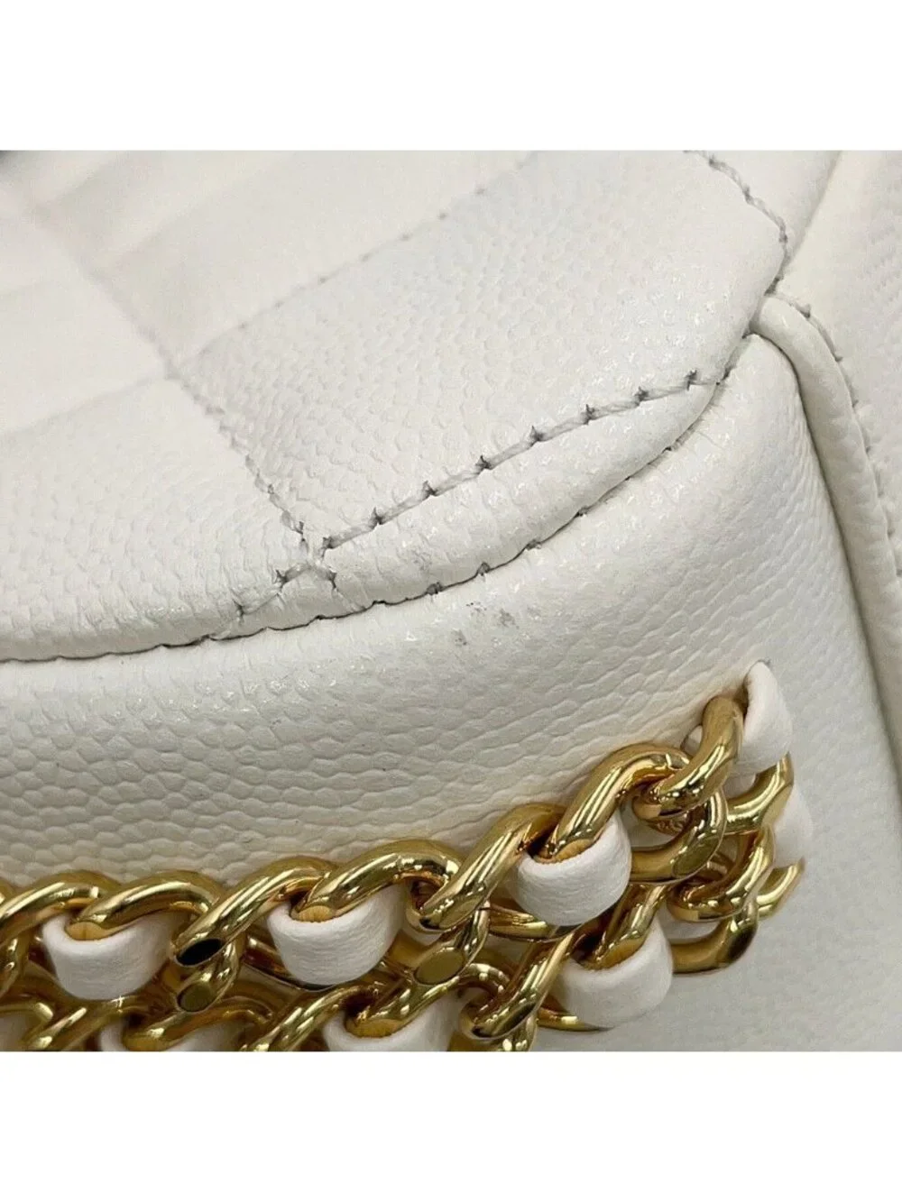 Chanel Chain Shoulder Bag Quilted CC Logo Caviar Leather White